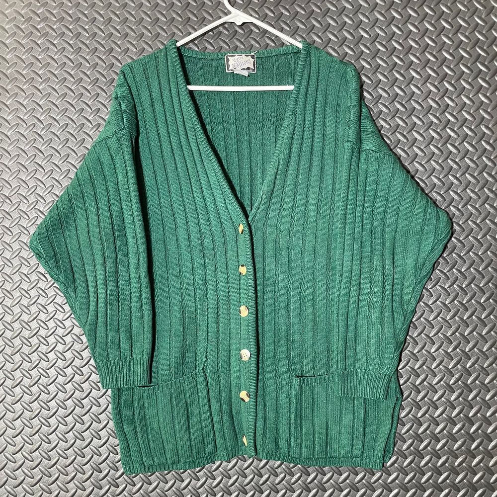 Vintage Extra Editions V Neck‎ Acrylic Knitted Green Button Up Cardigan Sweater